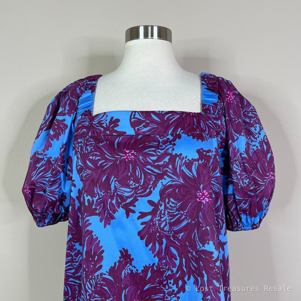 Lilly Pulitzer | Torrey Floral Puff Sleeve Blue Purple Square Neck Top Blouse 12 - Picture 3 of 10